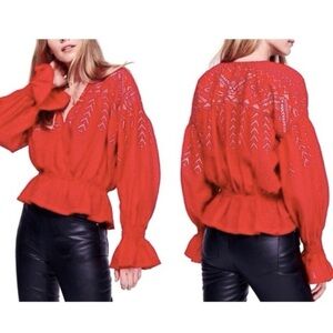 Free People Counting Stars Balloon Sleeve Peasant Blouse Size XS‎